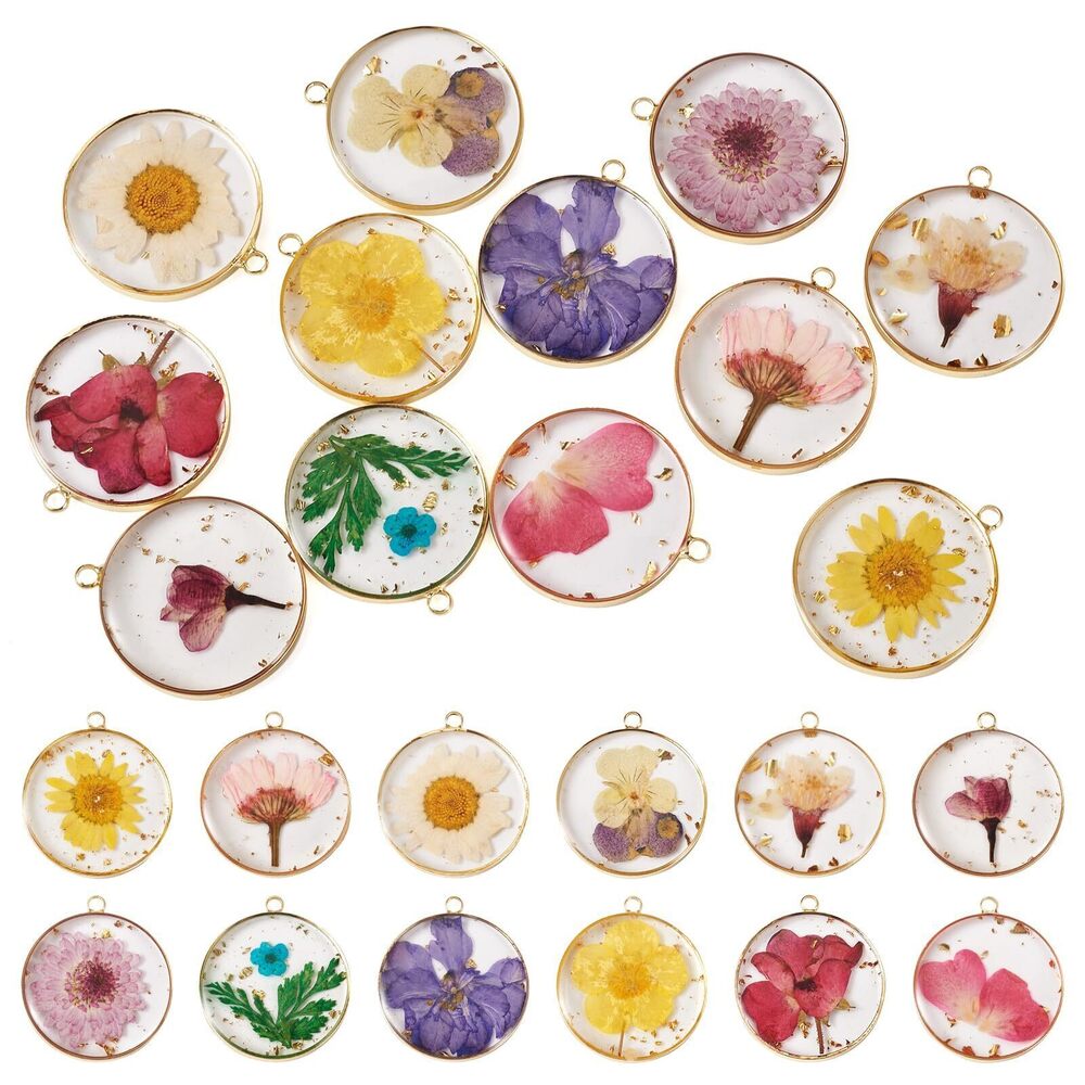 6573 12 Pcs Resin Flower Charms Flat Round Dried Flower Pendants Geometric